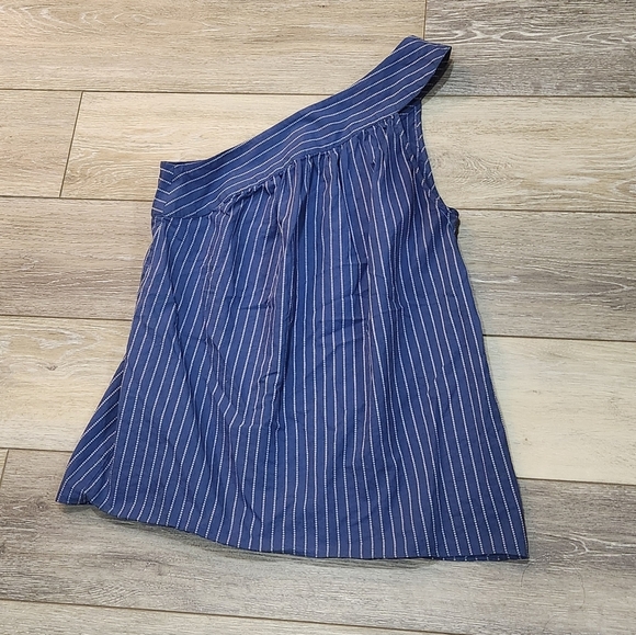 Parker One Shoulder Dark Blue Striped 100% Cotton Top - Picture 1 of 7